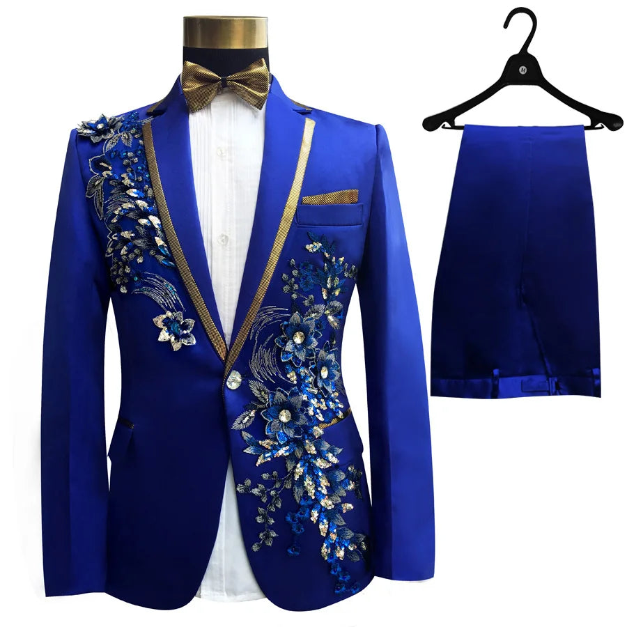 New Black Wedding Groom Tuxedos Suit Men Fashion Paillette Embroidered Male Singer Performance Party Prom Blazer Suit 4 Pcs